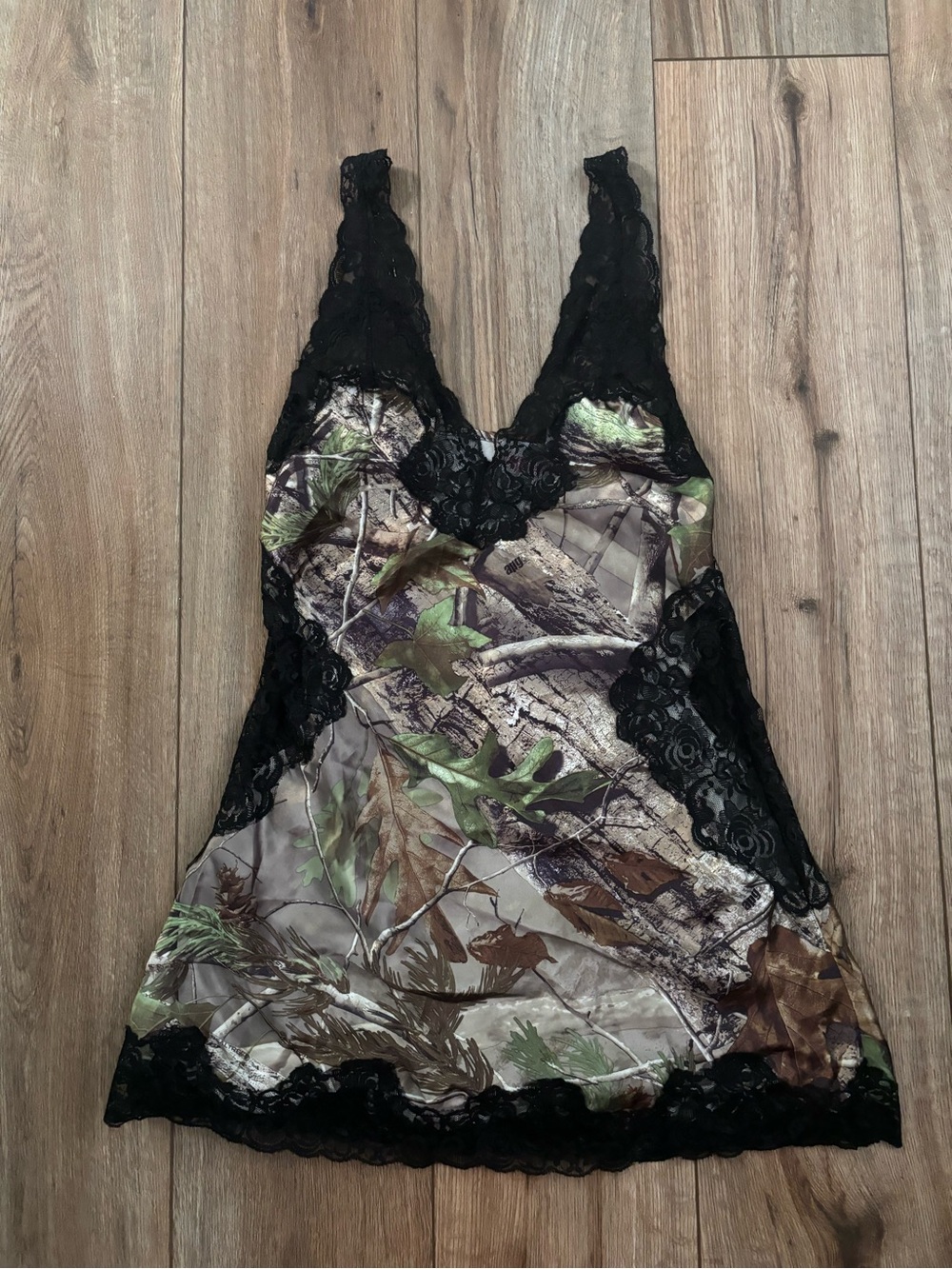 Vintage Y2K Real Tree Slip Dress with Black Lace